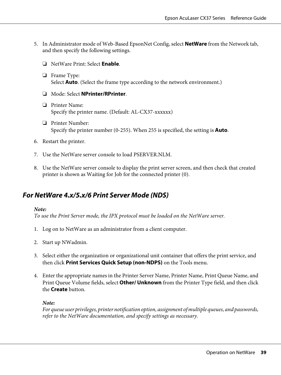 For netware 4.x/5.x/6 print server mode (nds) | Epson AcuLaser CX37DNF User Manual | Page 39 / 197