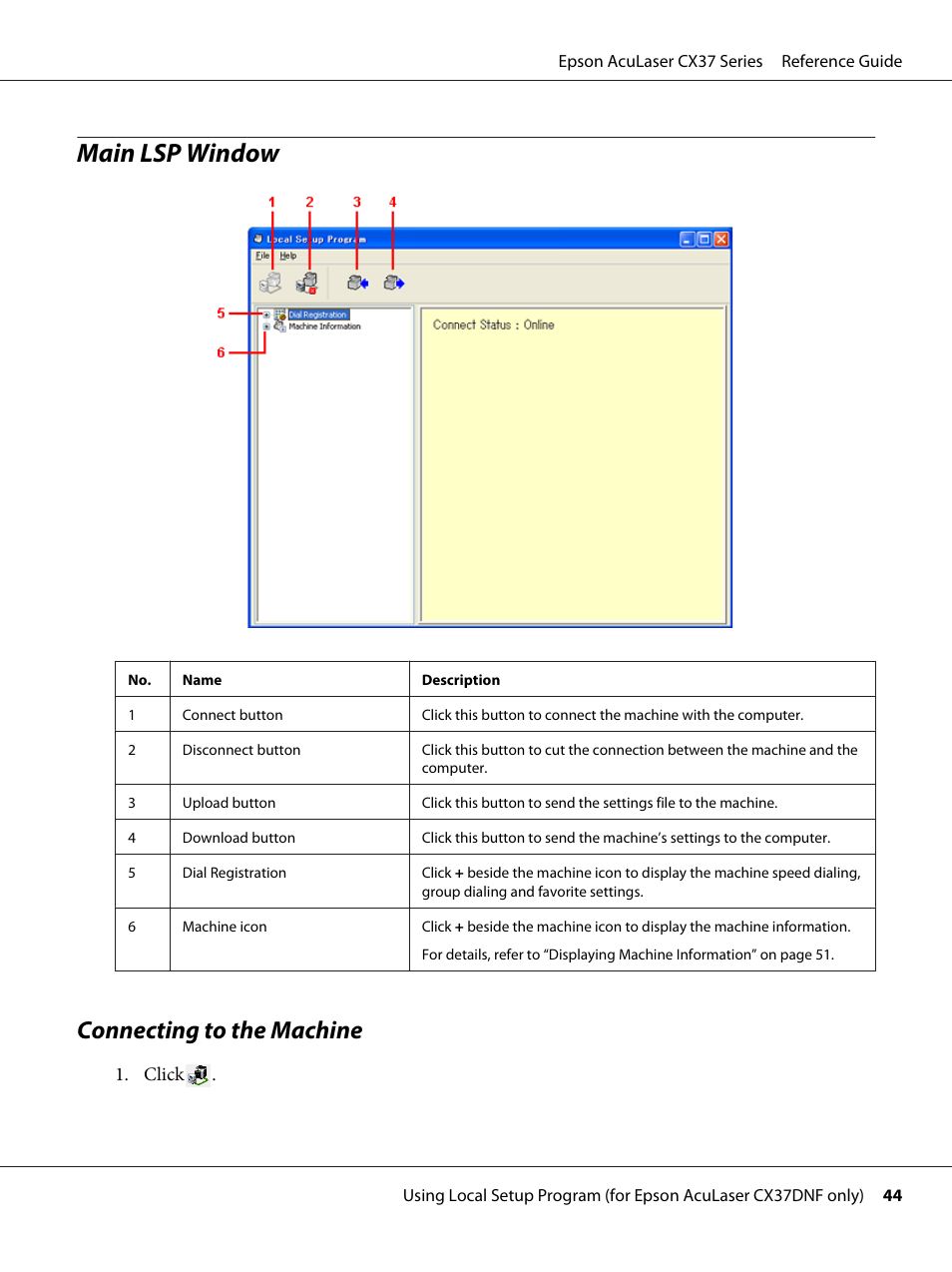 Main lsp window, Connecting to the machine | Epson AcuLaser CX37DNF User Manual | Page 44 / 197