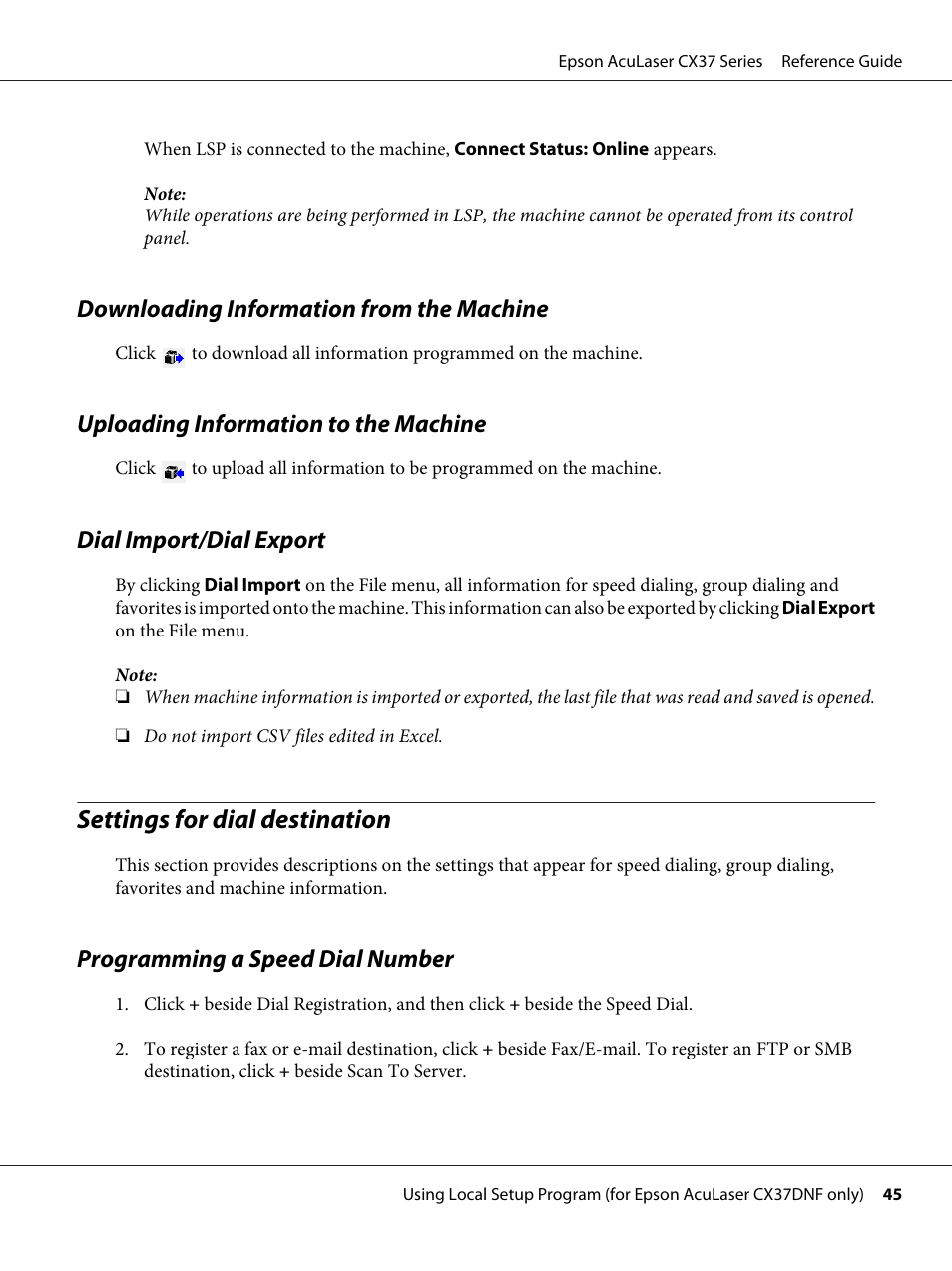 Downloading information from the machine, Uploading information to the machine, Dial import/dial export | Settings for dial destination, Programming a speed dial number | Epson AcuLaser CX37DNF User Manual | Page 45 / 197