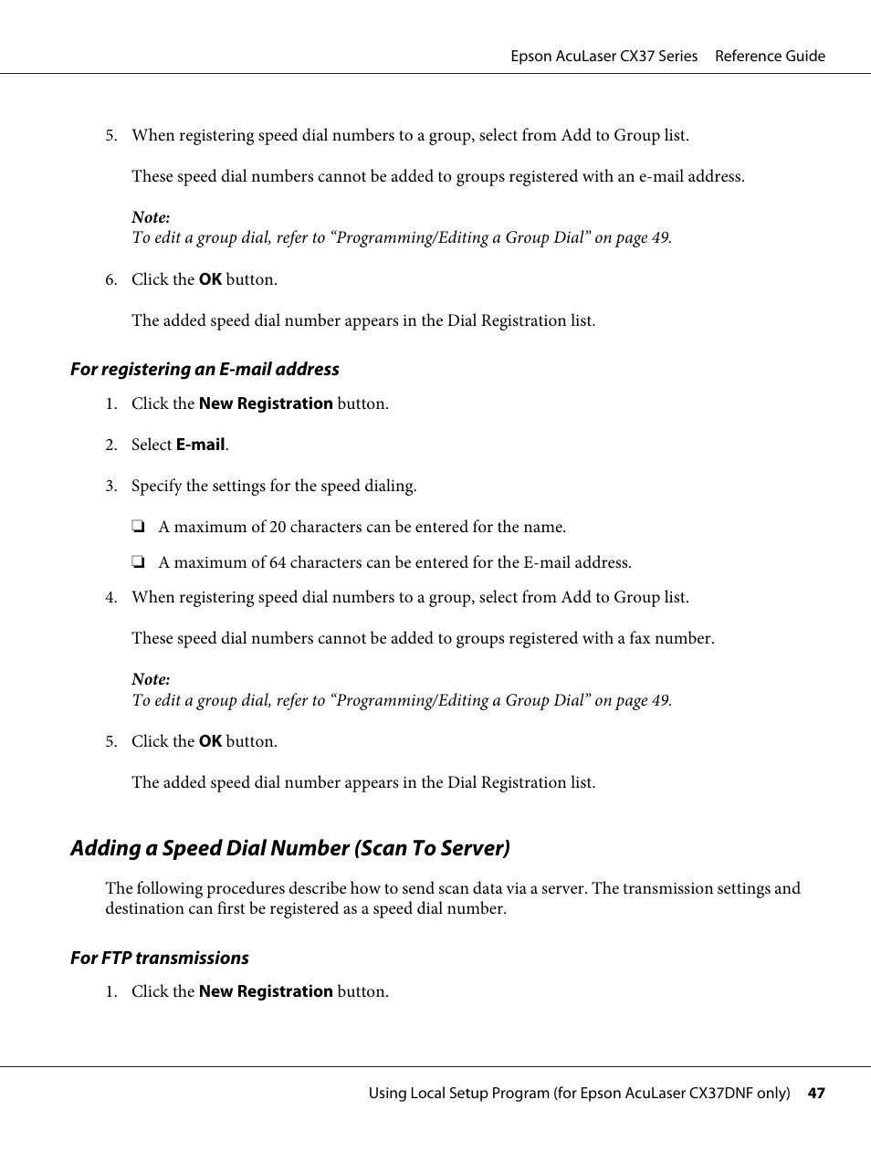 Adding a speed dial number (scan to server) | Epson AcuLaser CX37DNF User Manual | Page 47 / 197