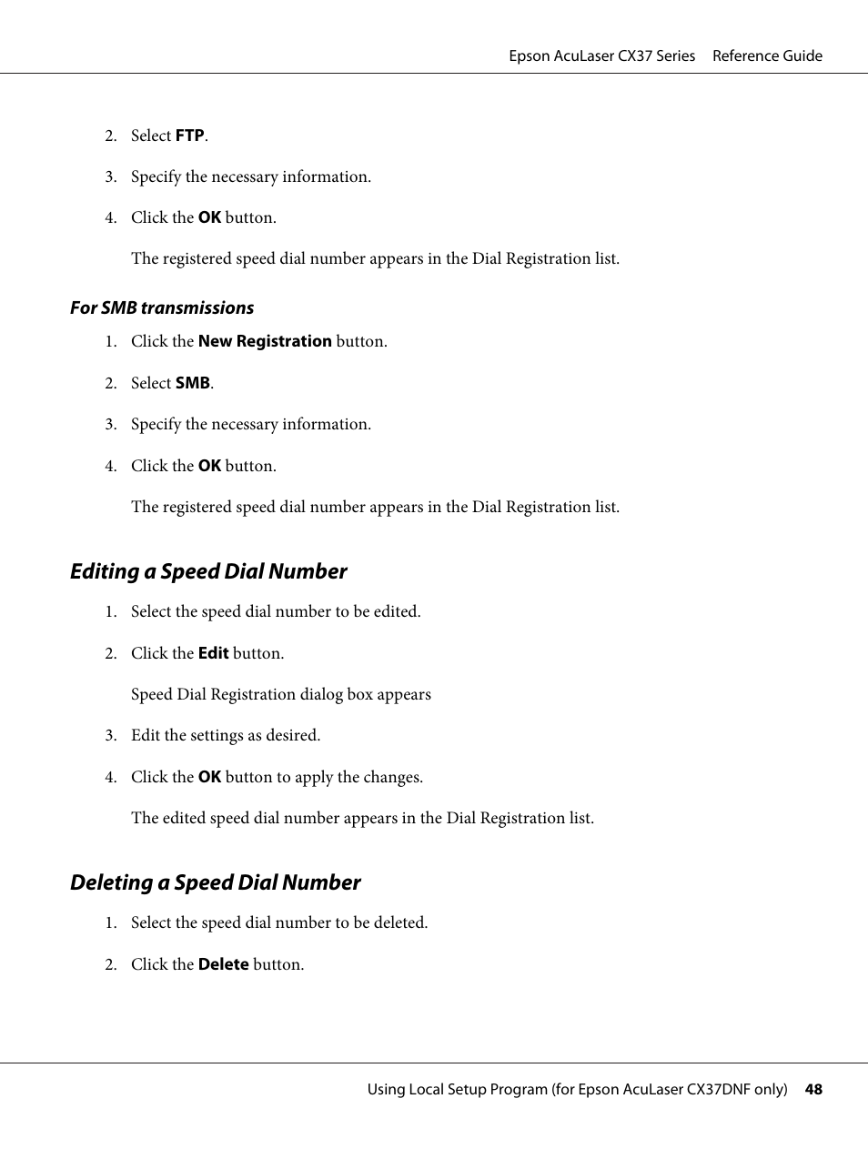 Editing a speed dial number, Deleting a speed dial number | Epson AcuLaser CX37DNF User Manual | Page 48 / 197