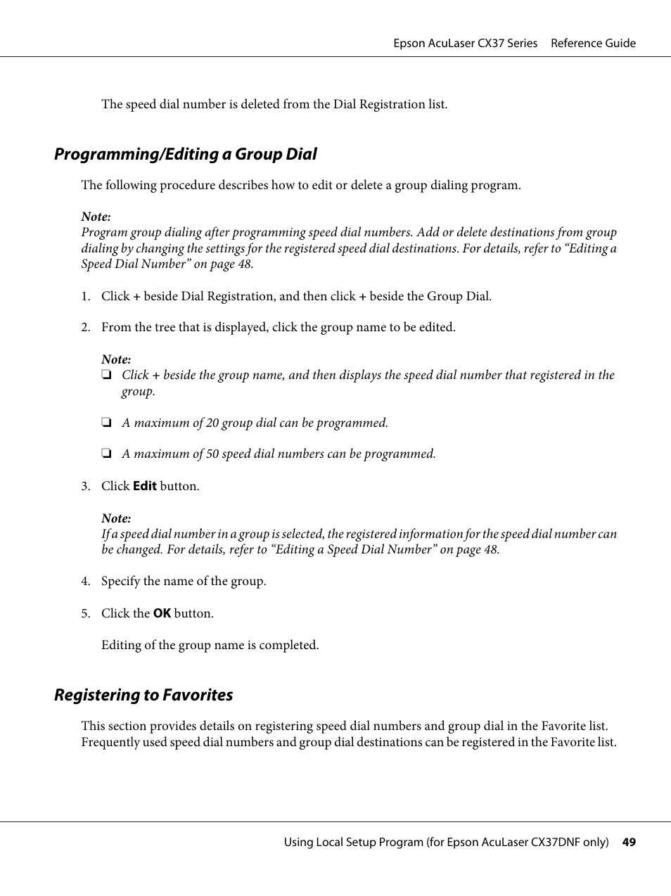 Programming/editing a group dial, Registering to favorites | Epson AcuLaser CX37DNF User Manual | Page 49 / 197