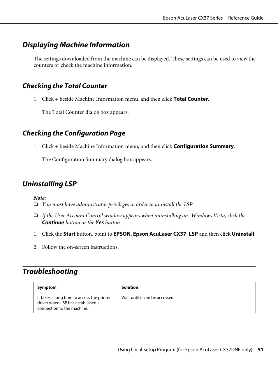 Displaying machine information, Checking the total counter, Uninstalling lsp | Troubleshooting, Uninstalling lsp troubleshooting, Checking the configuration page | Epson AcuLaser CX37DNF User Manual | Page 51 / 197