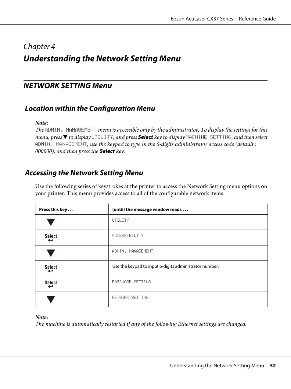 Understanding the network setting menu, Network setting menu, Location within the configuration menu | Accessing the network setting menu, Chapter 4 understanding the network setting menu, Chapter 4 | Epson AcuLaser CX37DNF User Manual | Page 52 / 197