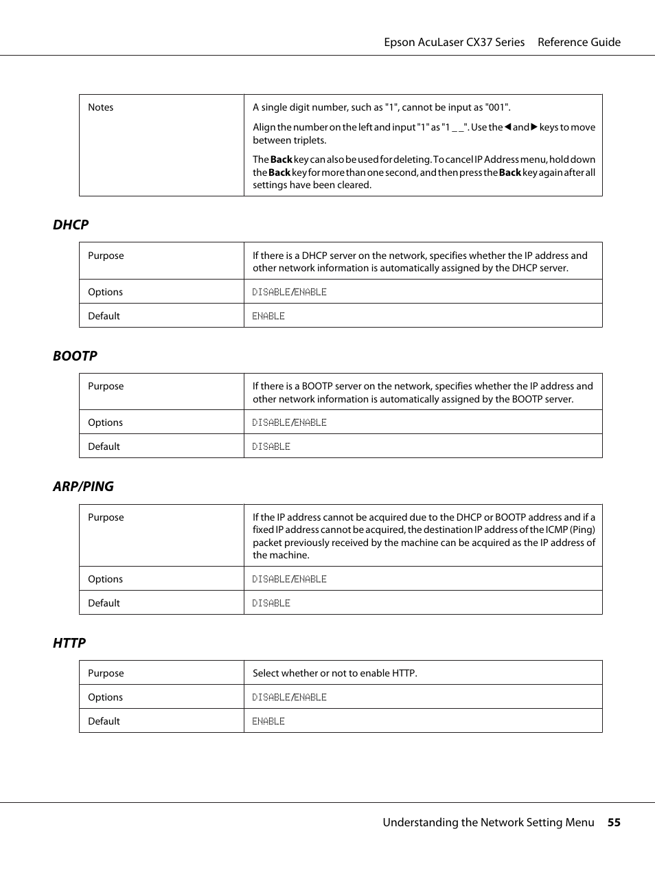 Dhcp, Bootp, Arp/ping | Epson AcuLaser CX37DNF User Manual | Page 55 / 197