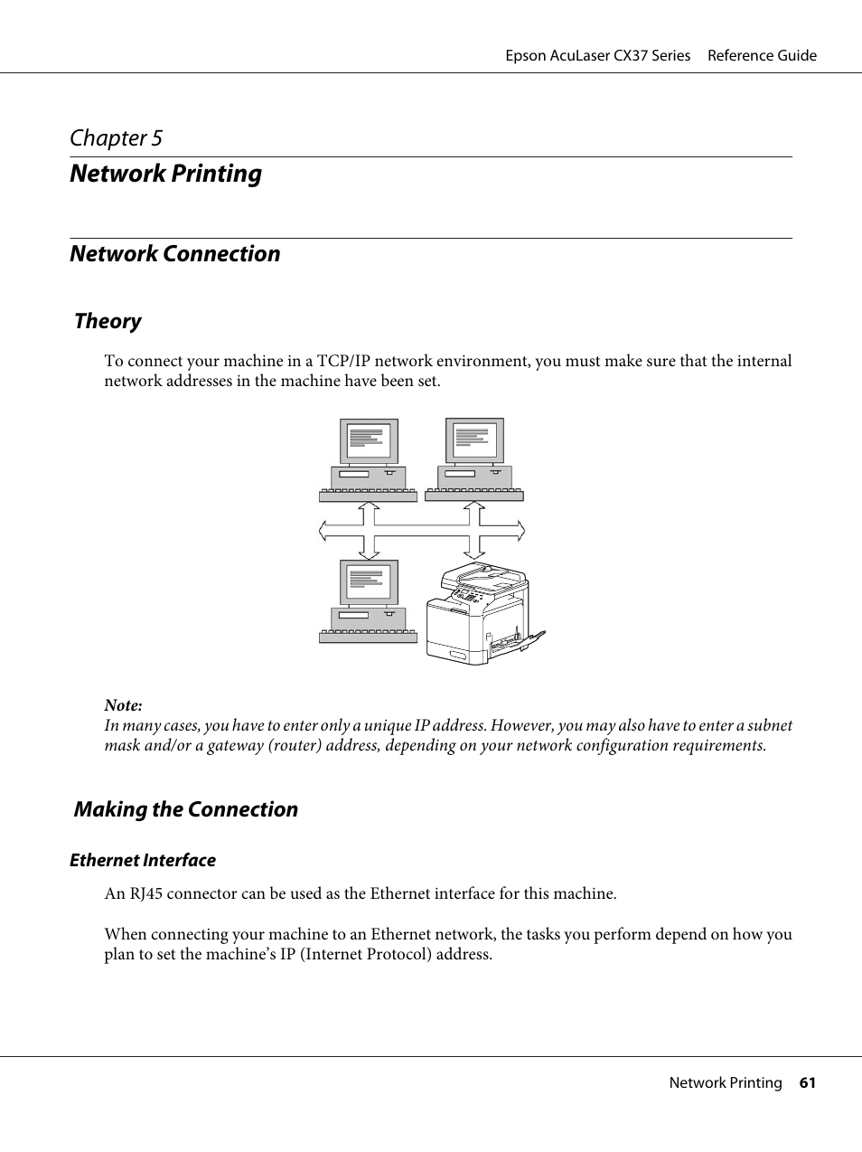 Network printing, Network connection, Theory | Making the connection, Chapter 5 network printing, Theory making the connection, Chapter 5 | Epson AcuLaser CX37DNF User Manual | Page 61 / 197