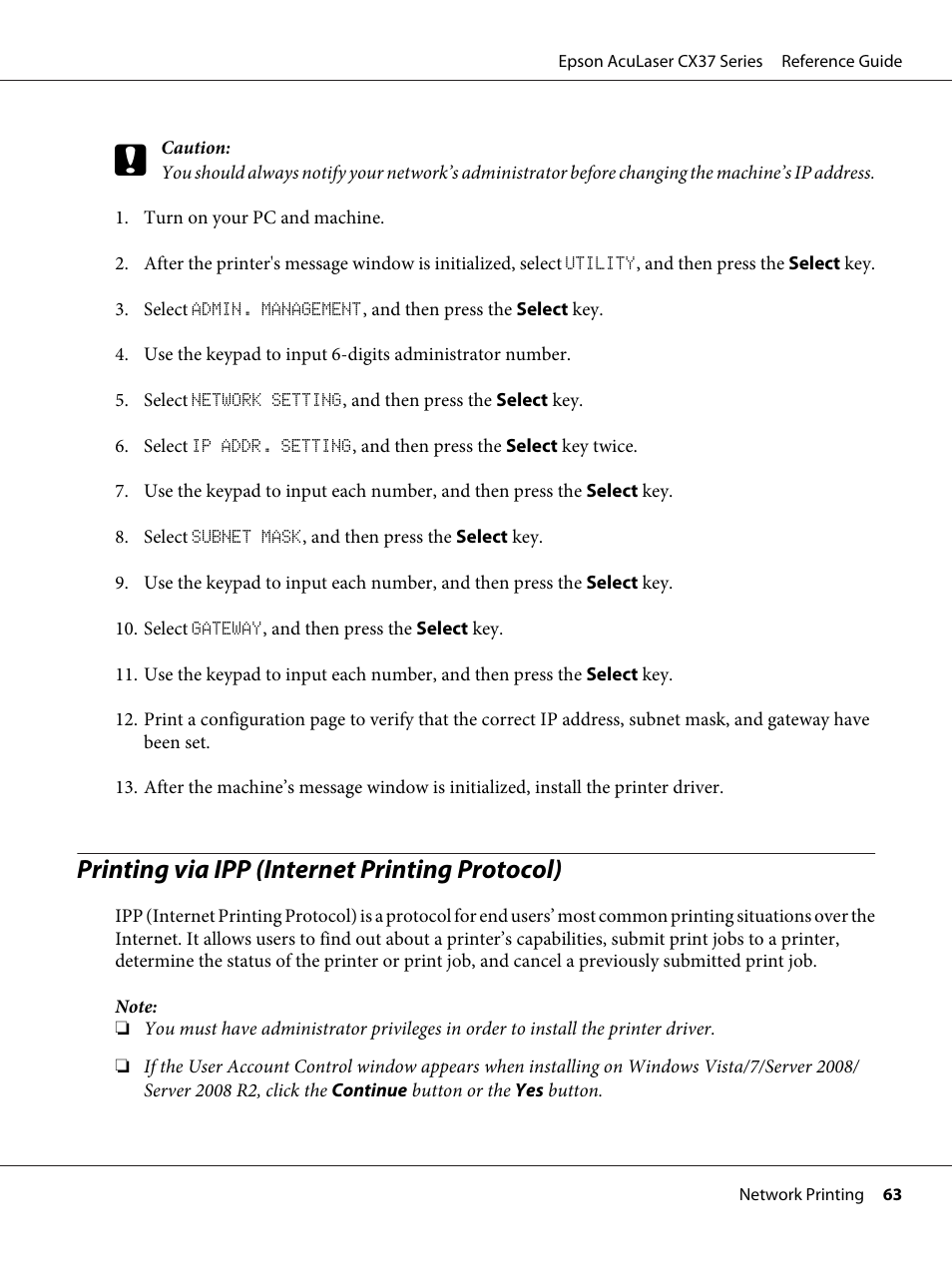 Printing via ipp (internet printing protocol) | Epson AcuLaser CX37DNF User Manual | Page 63 / 197