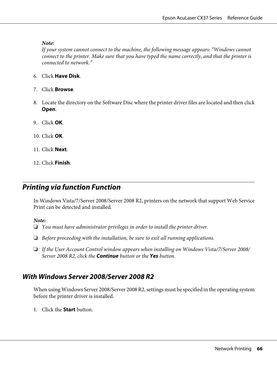 Printing via function function, With windows server 2008/server 2008 r2 | Epson AcuLaser CX37DNF User Manual | Page 66 / 197