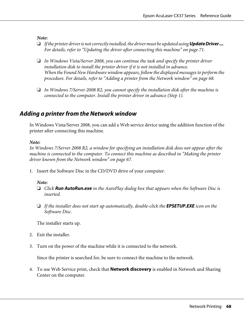 Adding a printer from the network window | Epson AcuLaser CX37DNF User Manual | Page 68 / 197