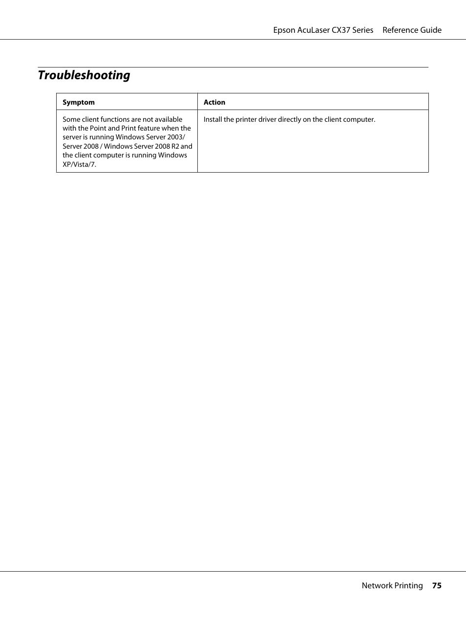 Troubleshooting | Epson AcuLaser CX37DNF User Manual | Page 75 / 197