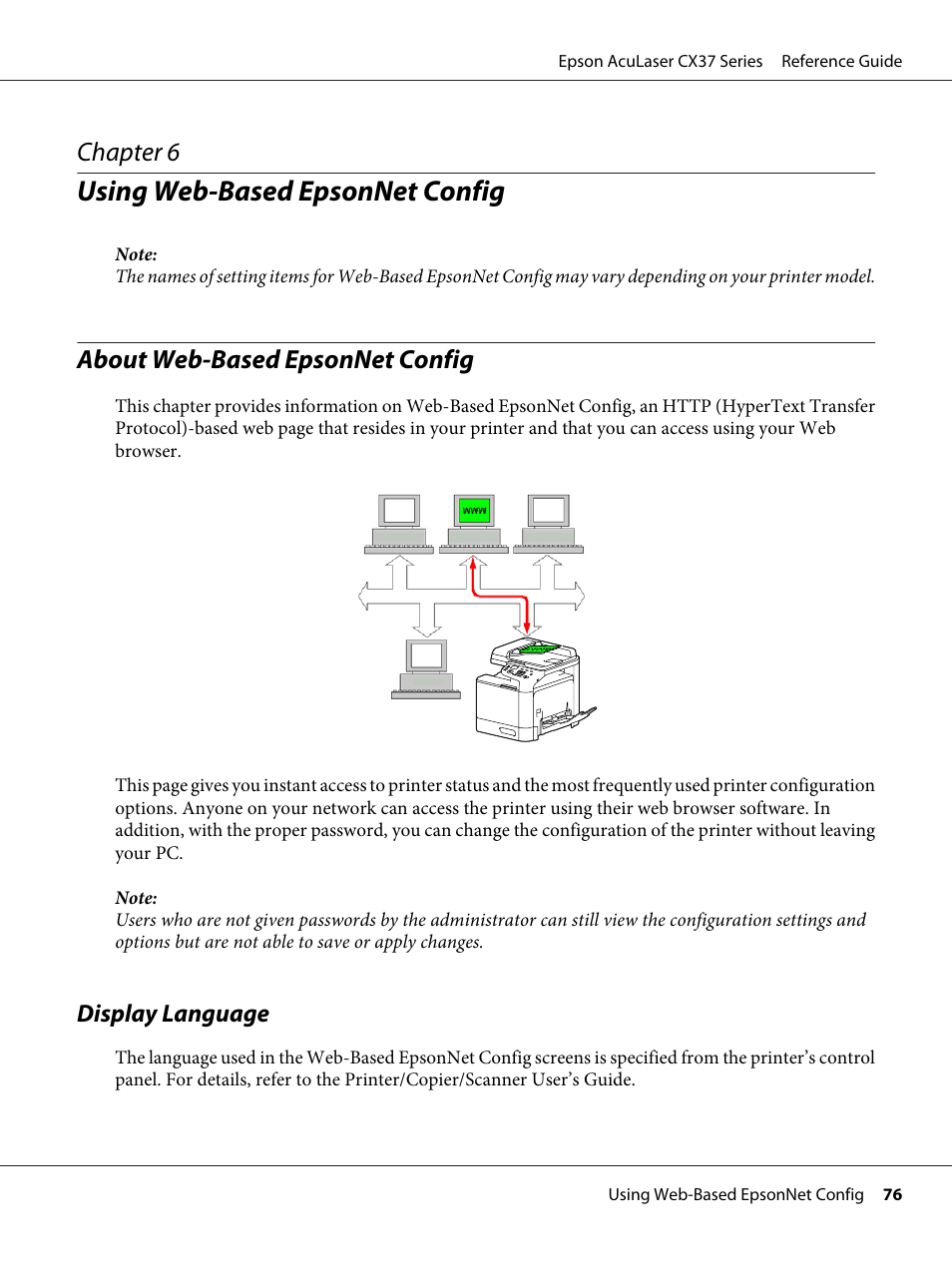 Using web-‍based epsonnet config, About web-‍based epsonnet config, Display language | Chapter 6 using web-based epsonnet config, About web-based epsonnet config, Using web-based epsonnet config, Chapter 6 | Epson AcuLaser CX37DNF User Manual | Page 76 / 197