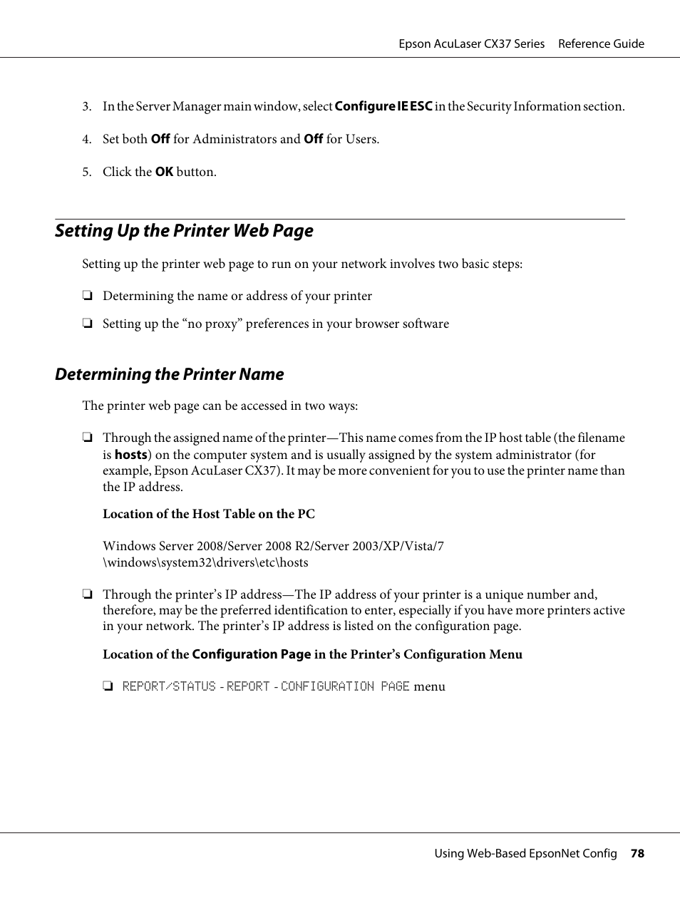 Determining the printer name, Setting up the printer web page | Epson AcuLaser CX37DNF User Manual | Page 78 / 197