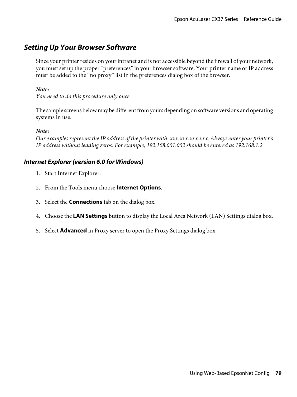 Setting up your browser software | Epson AcuLaser CX37DNF User Manual | Page 79 / 197