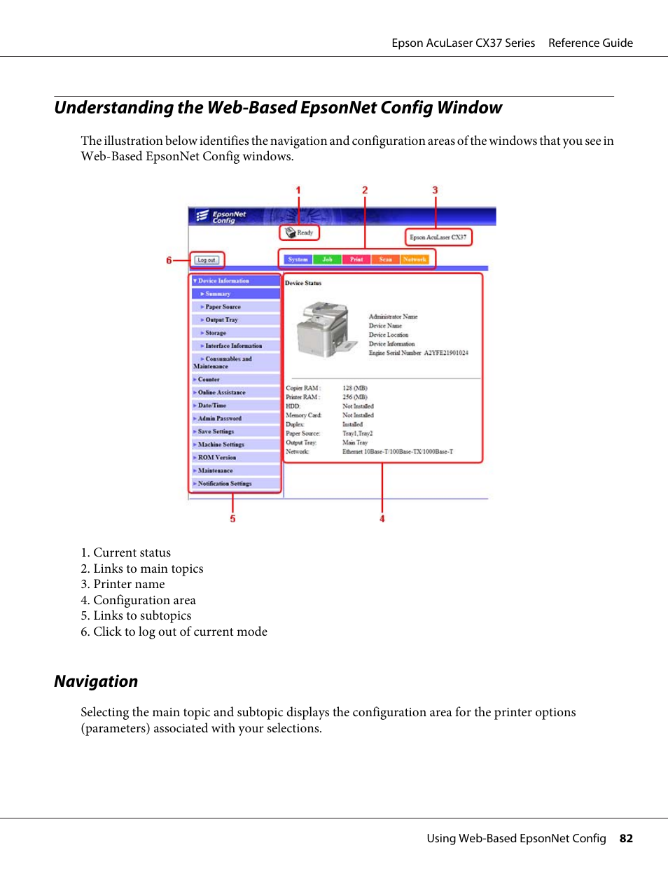Navigation, Understanding the web-based epsonnet config window | Epson AcuLaser CX37DNF User Manual | Page 82 / 197