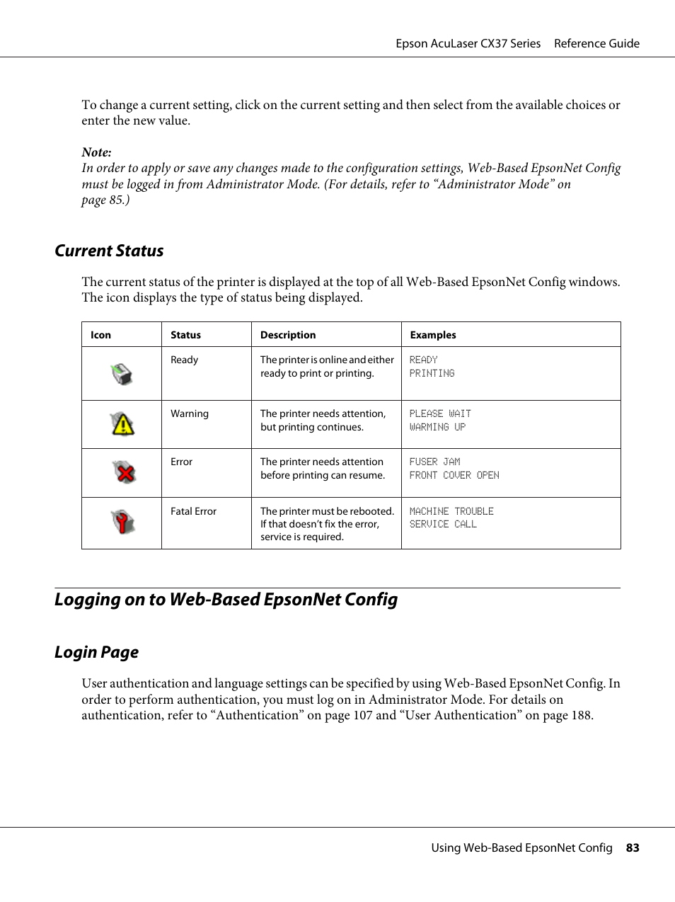 Current status, Logging on to web-‍based epsonnet config, Logging on to web-based epsonnet config | Login page | Epson AcuLaser CX37DNF User Manual | Page 83 / 197