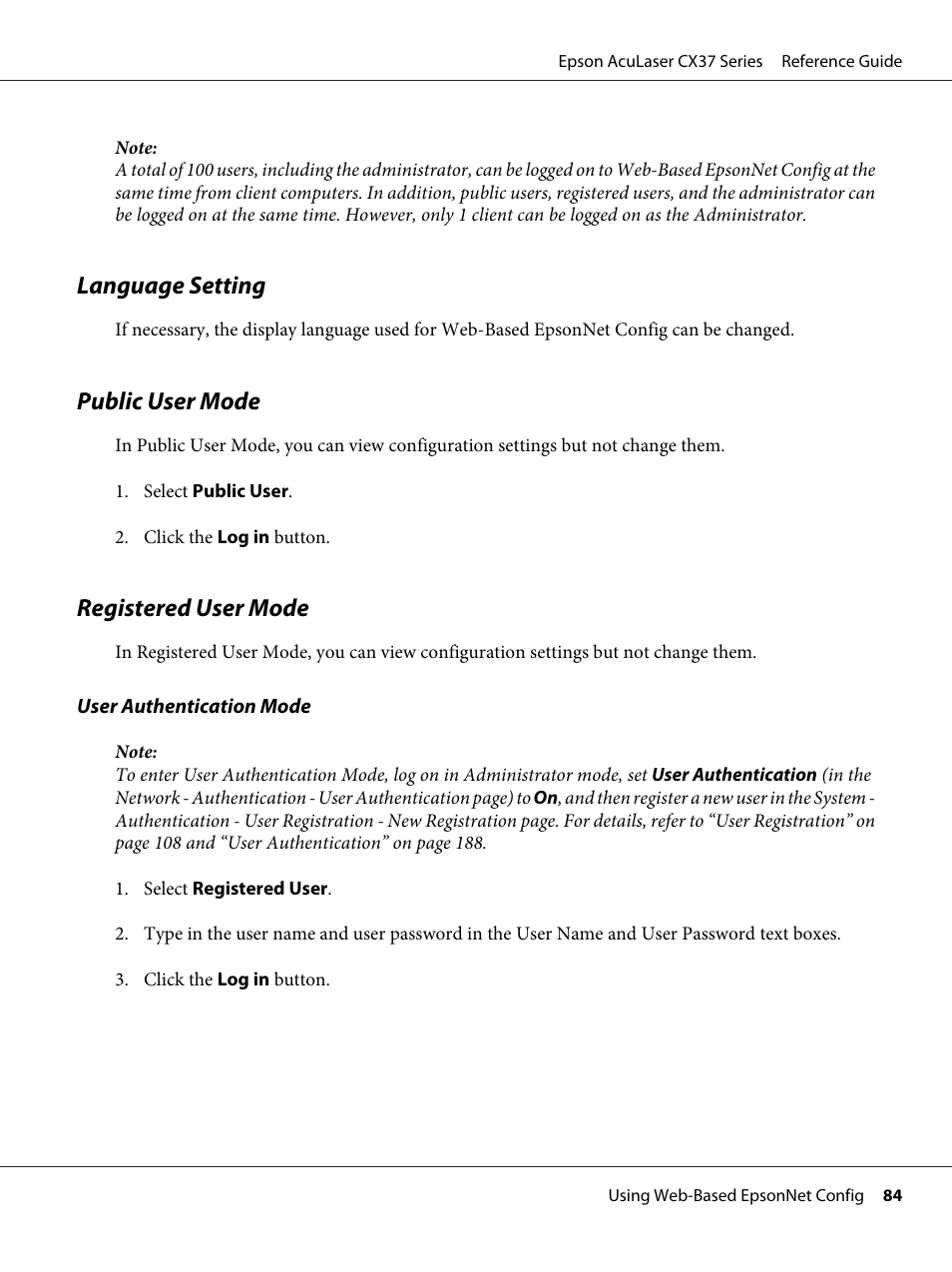Language setting, Public user mode, Registered user mode | Public user mode registered user mode | Epson AcuLaser CX37DNF User Manual | Page 84 / 197