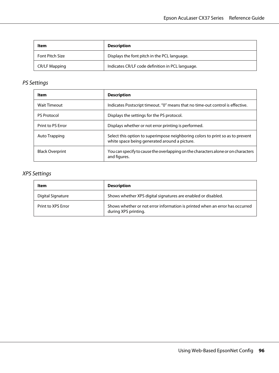 Ps settings, Xps settings | Epson AcuLaser CX37DNF User Manual | Page 96 / 197