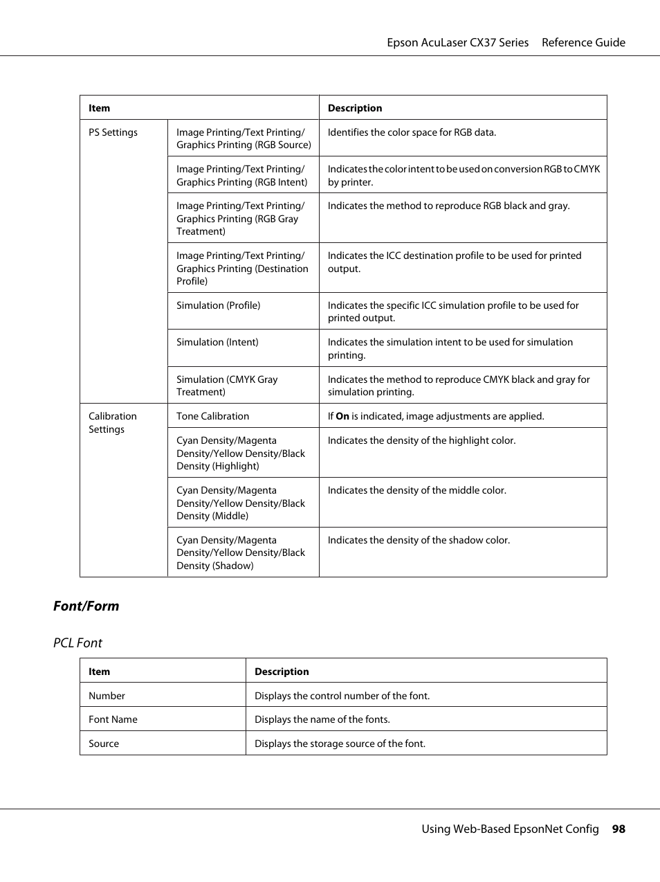 Font/form pcl font | Epson AcuLaser CX37DNF User Manual | Page 98 / 197