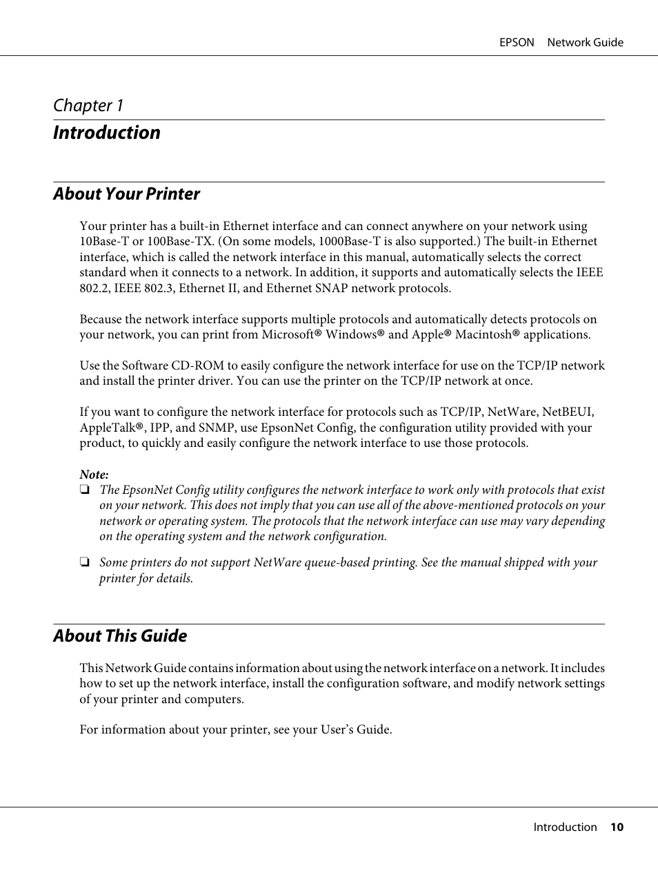 Introduction, About your printer, About this guide | Chapter 1 introduction, About your printer about this guide | Epson AcuLaser M8000N User Manual | Page 10 / 137
