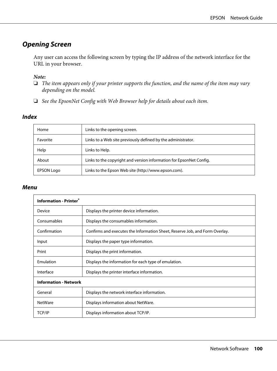 Opening screen, Index, Menu | Epson AcuLaser M8000N User Manual | Page 100 / 137