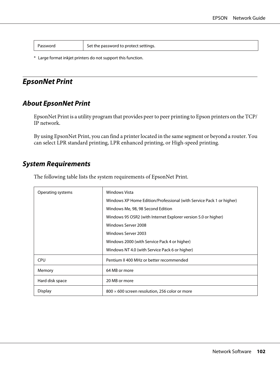 Epsonnet print, About epsonnet print, System requirements | About epsonnet print system requirements | Epson AcuLaser M8000N User Manual | Page 102 / 137