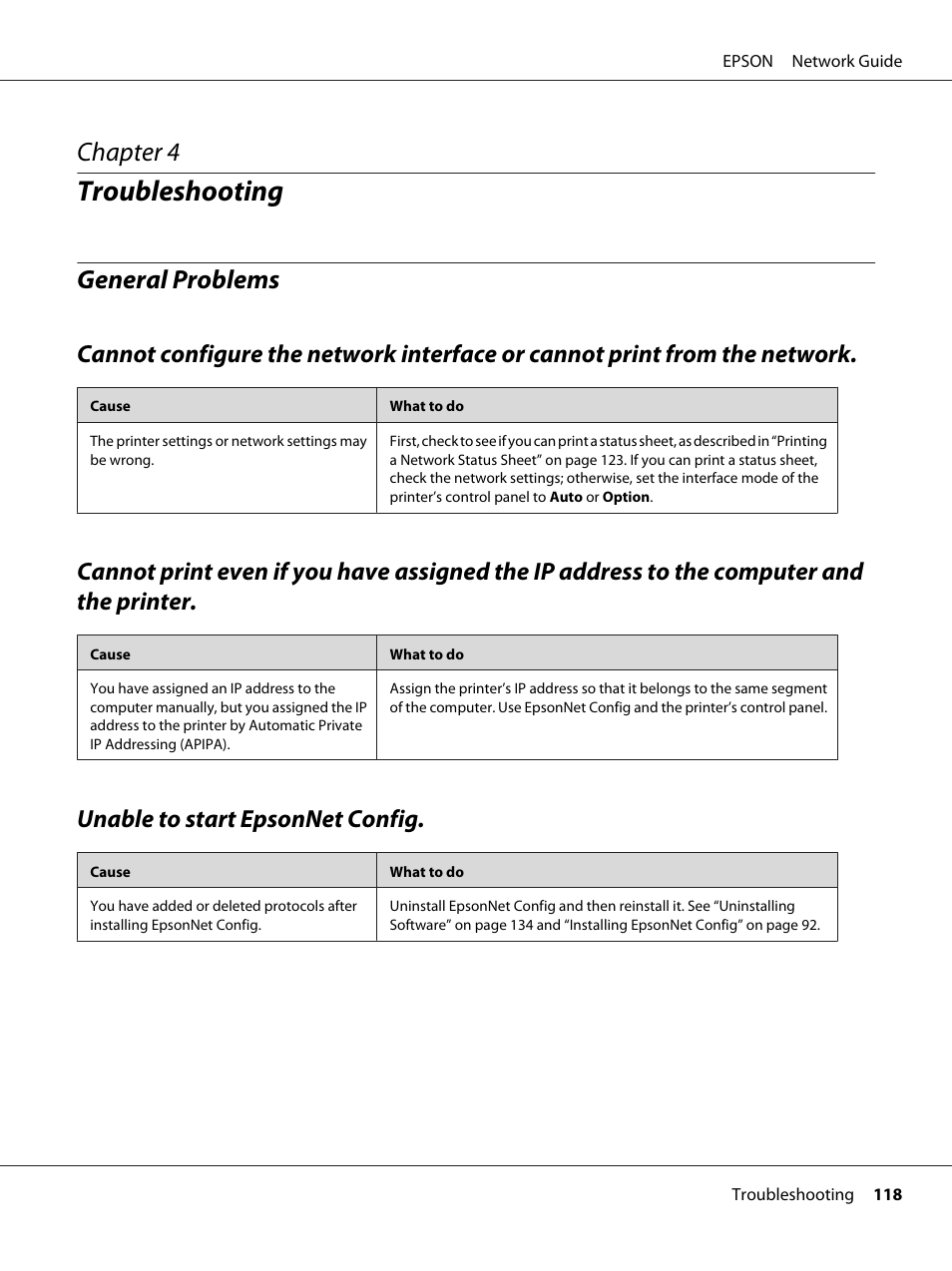 Troubleshooting, General problems, Unable to start epsonnet config | Chapter 4 troubleshooting, Chapter 4 | Epson AcuLaser M8000N User Manual | Page 118 / 137