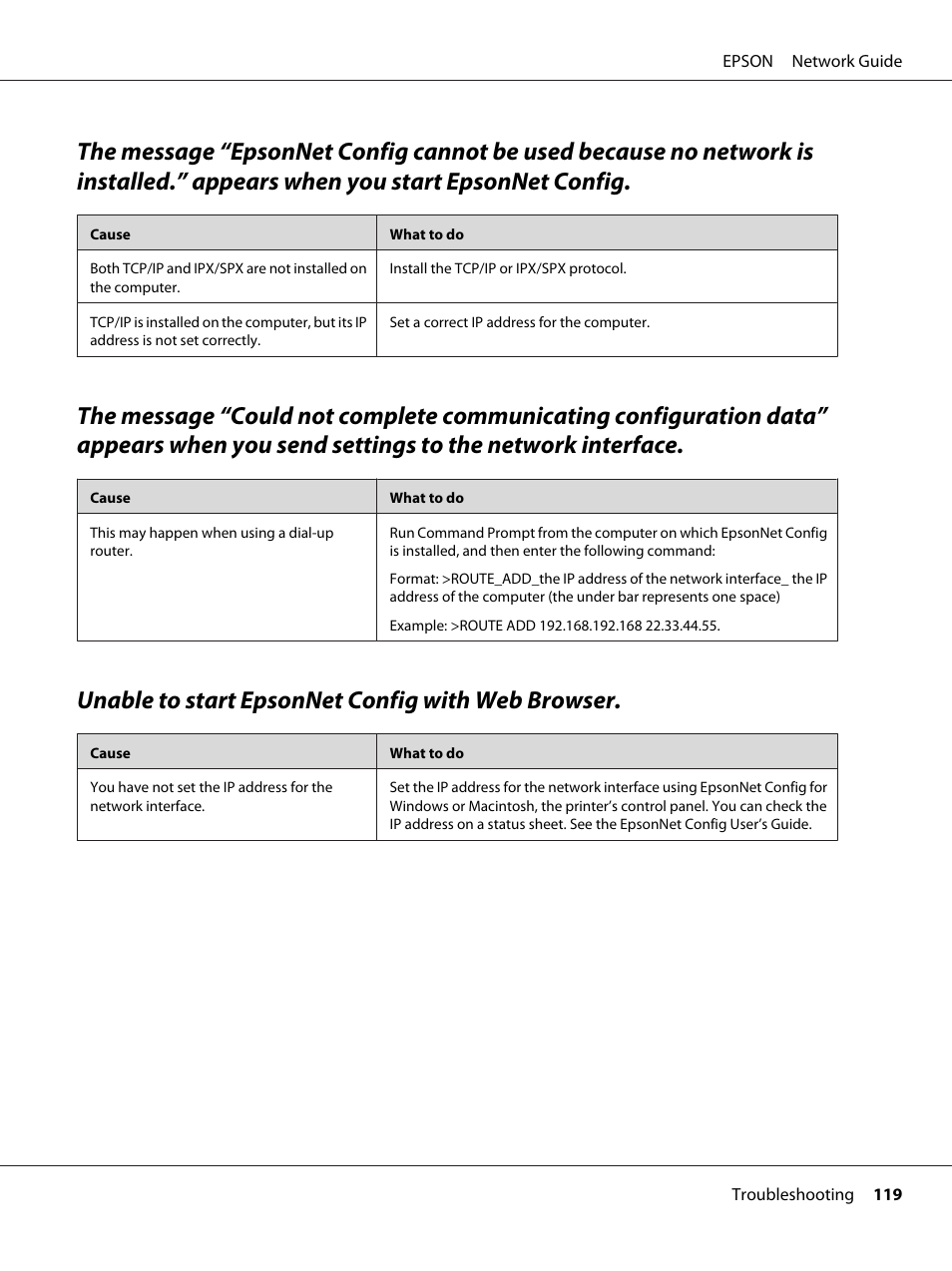 Unable to start epsonnet config with web browser, You start epsonnet config, Settings to the network interface | Epson AcuLaser M8000N User Manual | Page 119 / 137