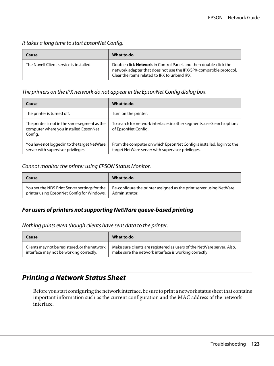 Printing a network status sheet, It takes a long time to start epsonnet config | Epson AcuLaser M8000N User Manual | Page 123 / 137