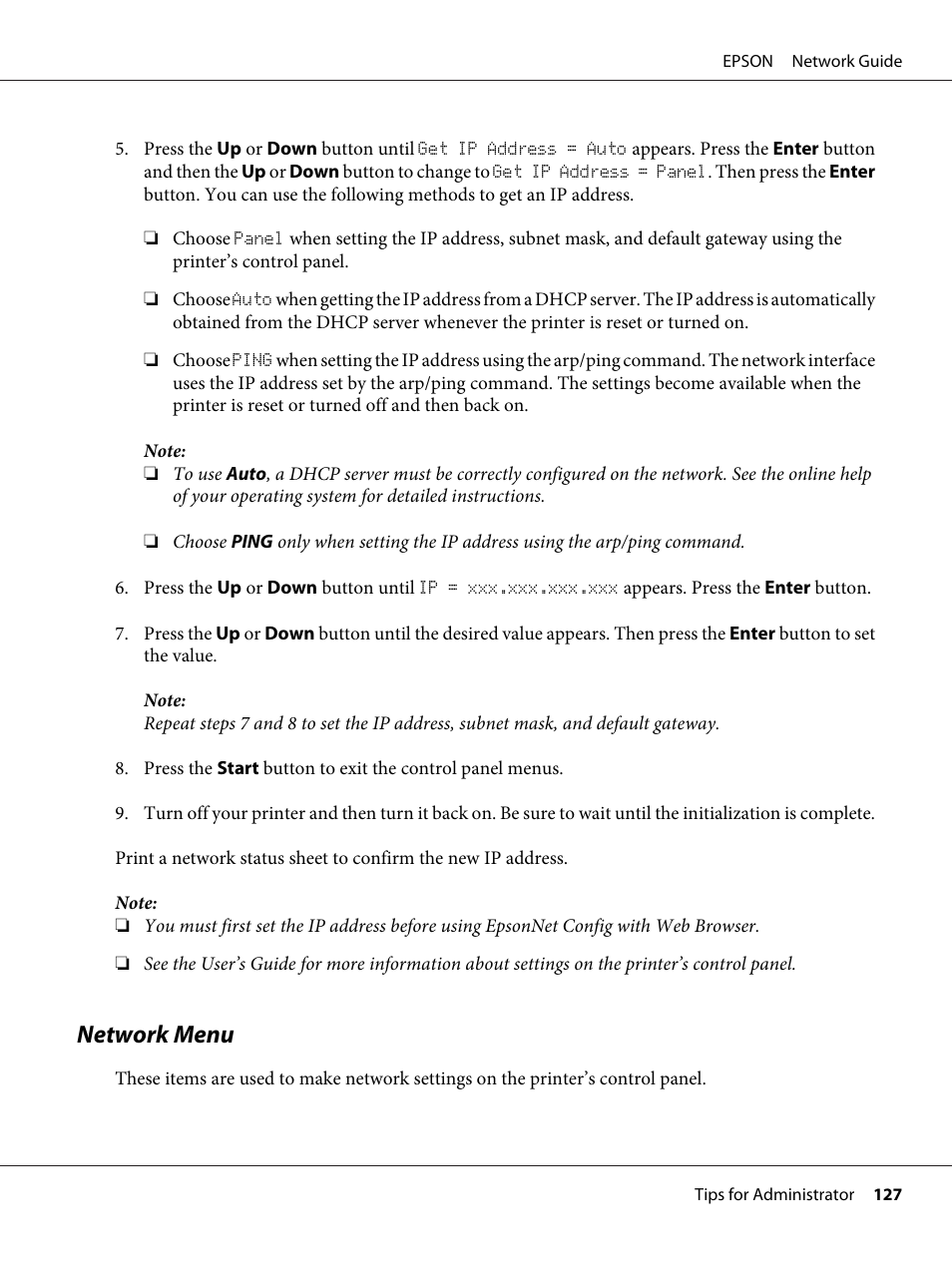 Network menu | Epson AcuLaser M8000N User Manual | Page 127 / 137