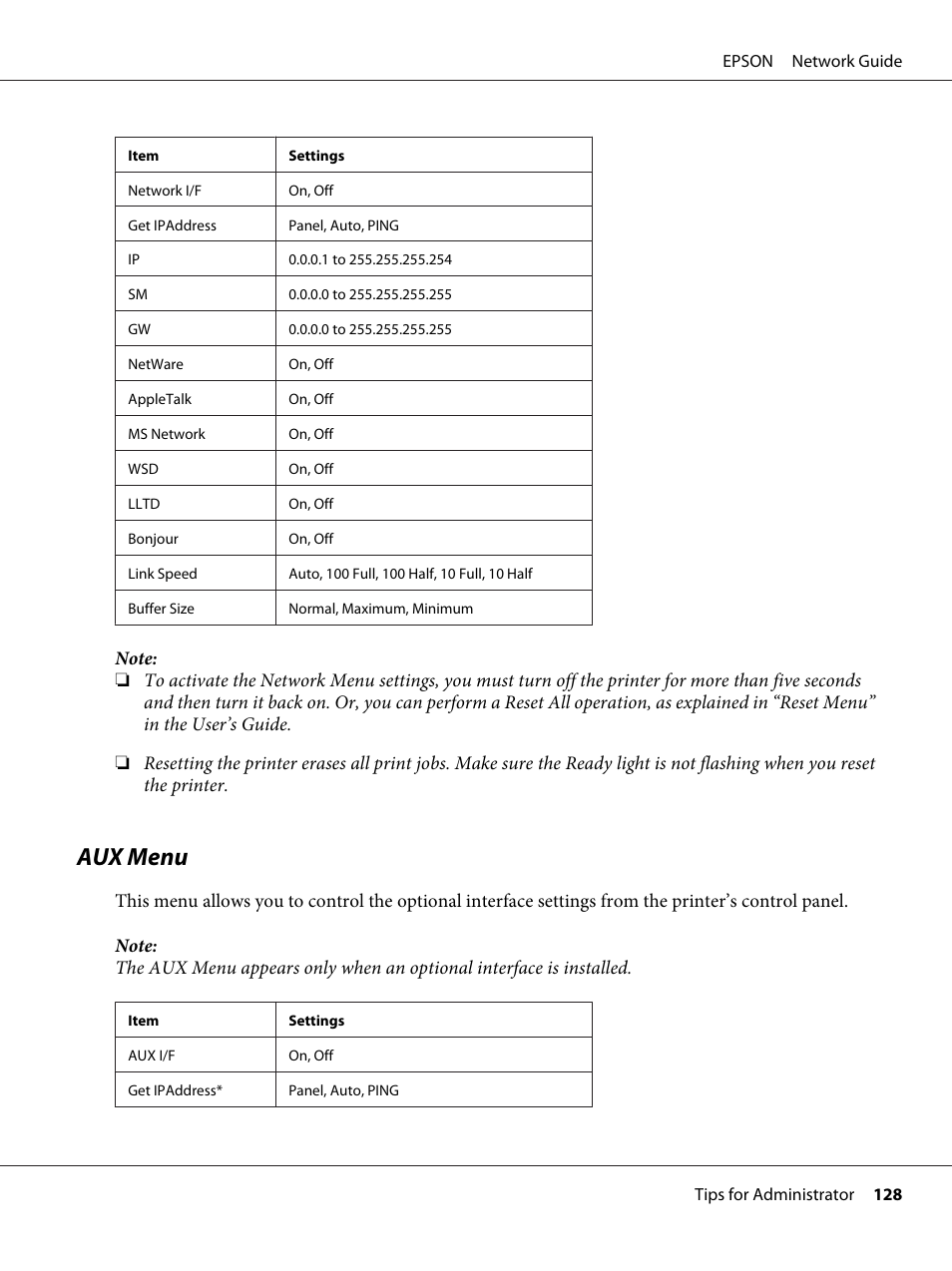 Aux menu | Epson AcuLaser M8000N User Manual | Page 128 / 137