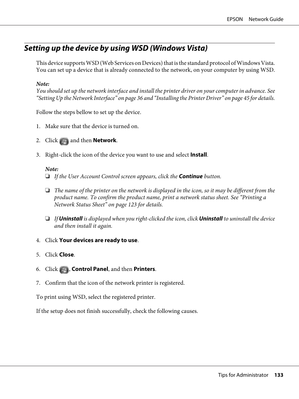 Setting up the device by using wsd (windows vista) | Epson AcuLaser M8000N User Manual | Page 133 / 137