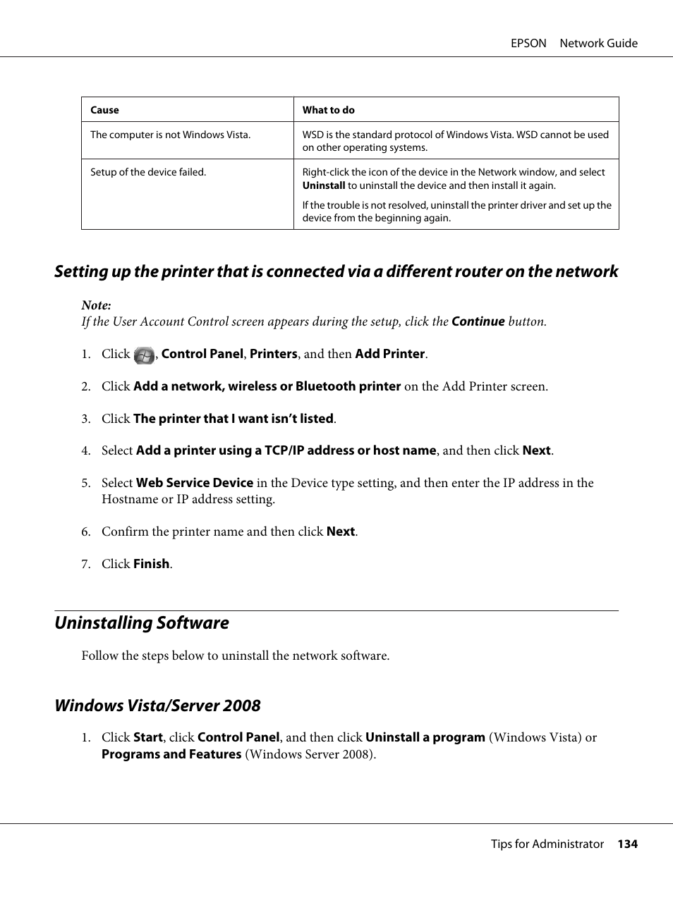 Uninstalling software, Windows vista/server 2008 | Epson AcuLaser M8000N User Manual | Page 134 / 137