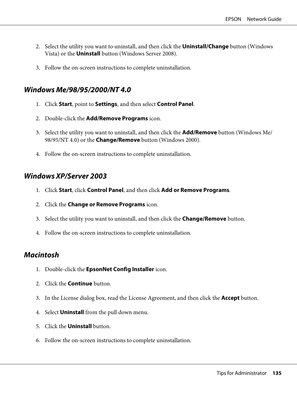 Windows me/98/95/2000/nt 4.0, Windows xp/server 2003, Macintosh | Epson AcuLaser M8000N User Manual | Page 135 / 137