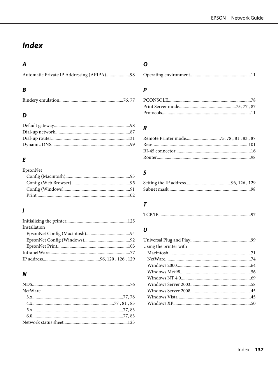Index | Epson AcuLaser M8000N User Manual | Page 137 / 137