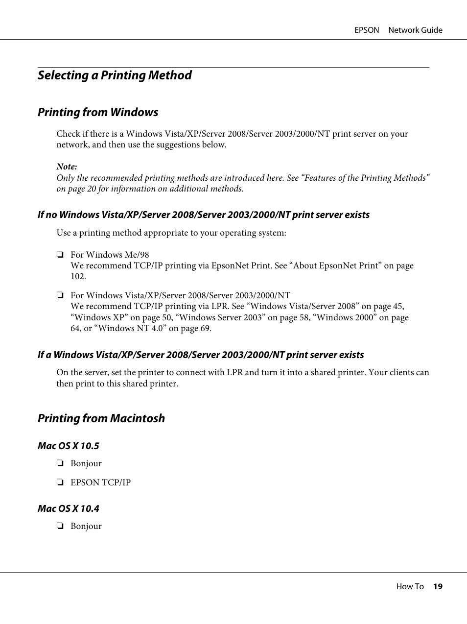 Selecting a printing method, Printing from windows, Printing from macintosh | Printing from windows printing from macintosh | Epson AcuLaser M8000N User Manual | Page 19 / 137