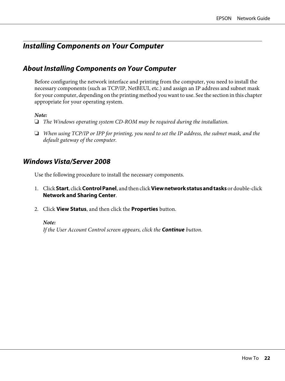 Installing components on your computer, About installing components on your computer, Windows vista/server 2008 | Epson AcuLaser M8000N User Manual | Page 22 / 137