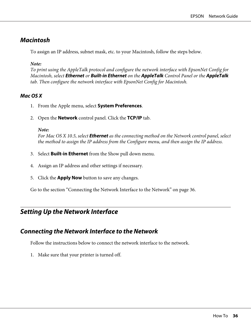 Macintosh, Setting up the network interface, Connecting the network interface to the network | Epson AcuLaser M8000N User Manual | Page 36 / 137
