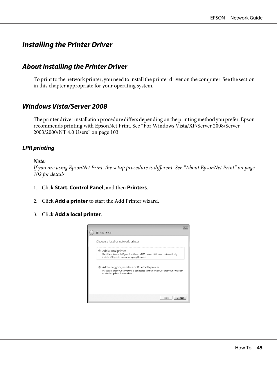 Installing the printer driver, About installing the printer driver, Windows vista/server 2008 | Epson AcuLaser M8000N User Manual | Page 45 / 137