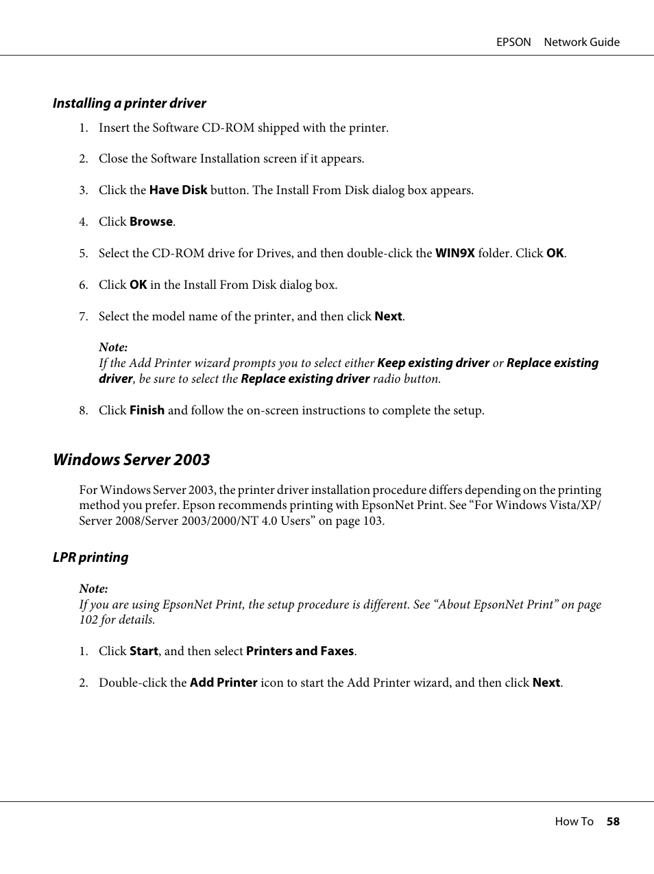 Windows server 2003, 58 to install the printer driver | Epson AcuLaser M8000N User Manual | Page 58 / 137