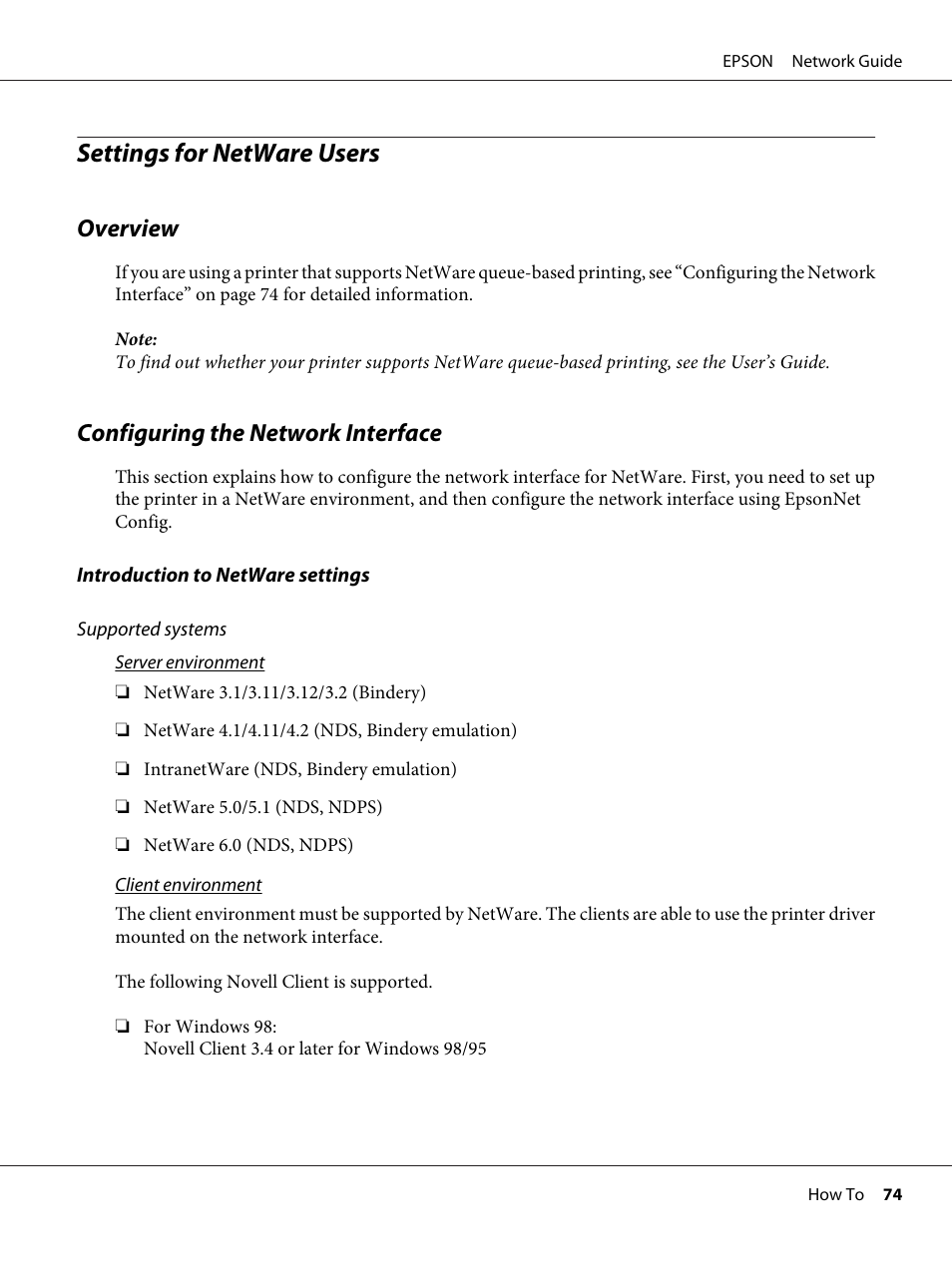 Settings for netware users, Overview, Configuring the network interface | Overview configuring the network interface | Epson AcuLaser M8000N User Manual | Page 74 / 137