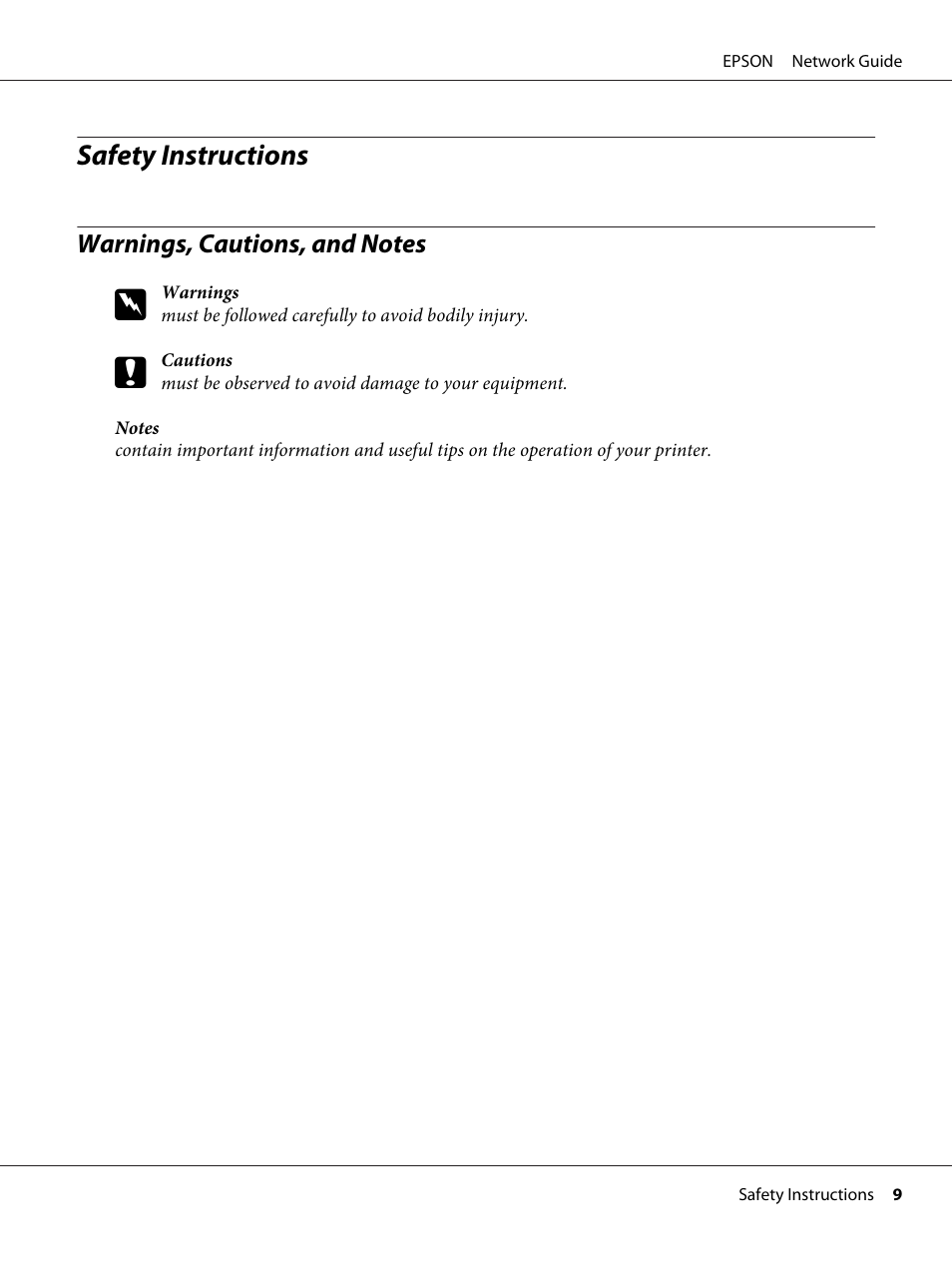 Safety instructions, Warnings, cautions, and notes | Epson AcuLaser M8000N User Manual | Page 9 / 137