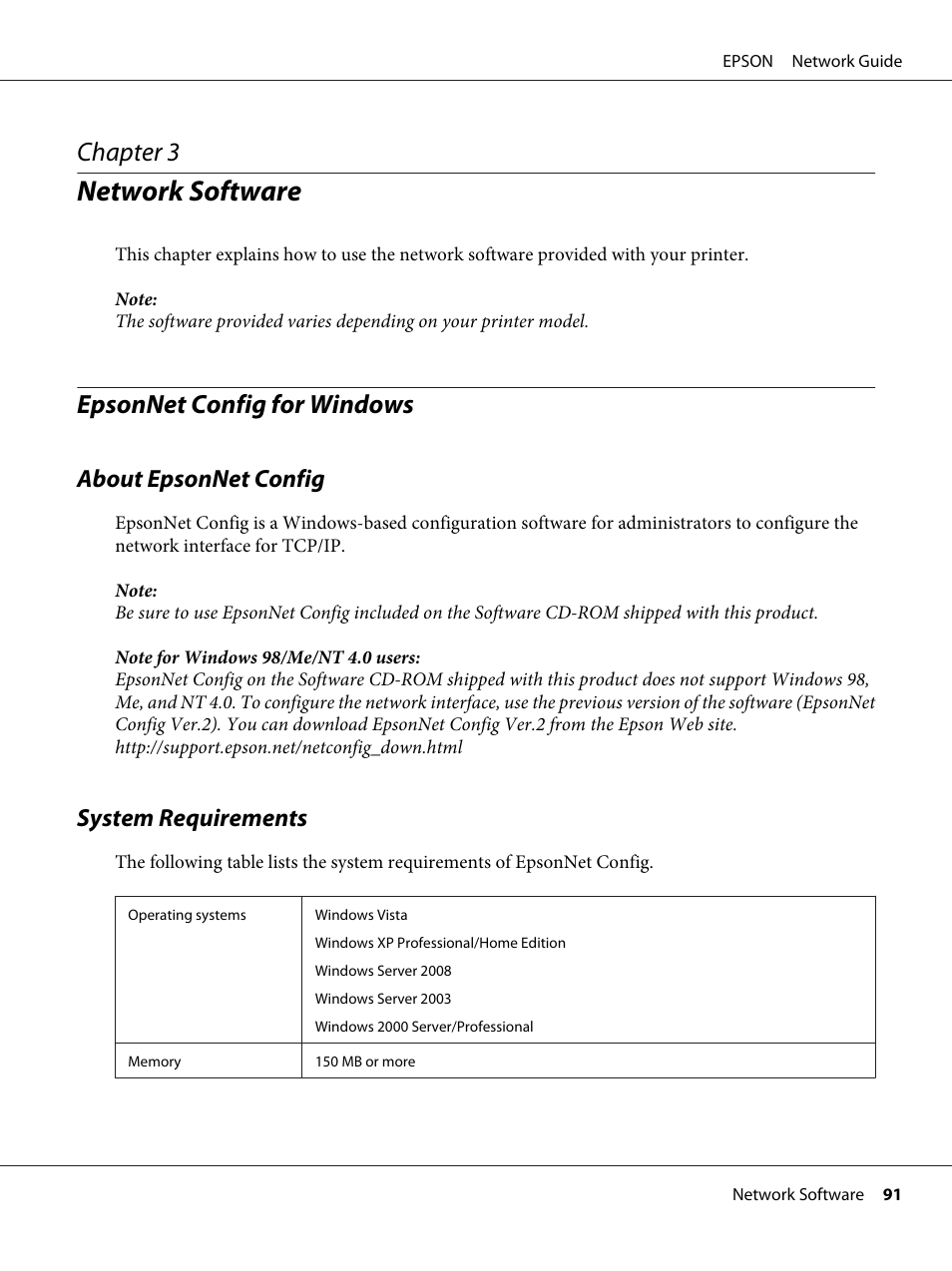 Network software, Epsonnet config for windows, About epsonnet config | System requirements, Chapter 3 network software, About epsonnet config system requirements, Chapter 3 | Epson AcuLaser M8000N User Manual | Page 91 / 137