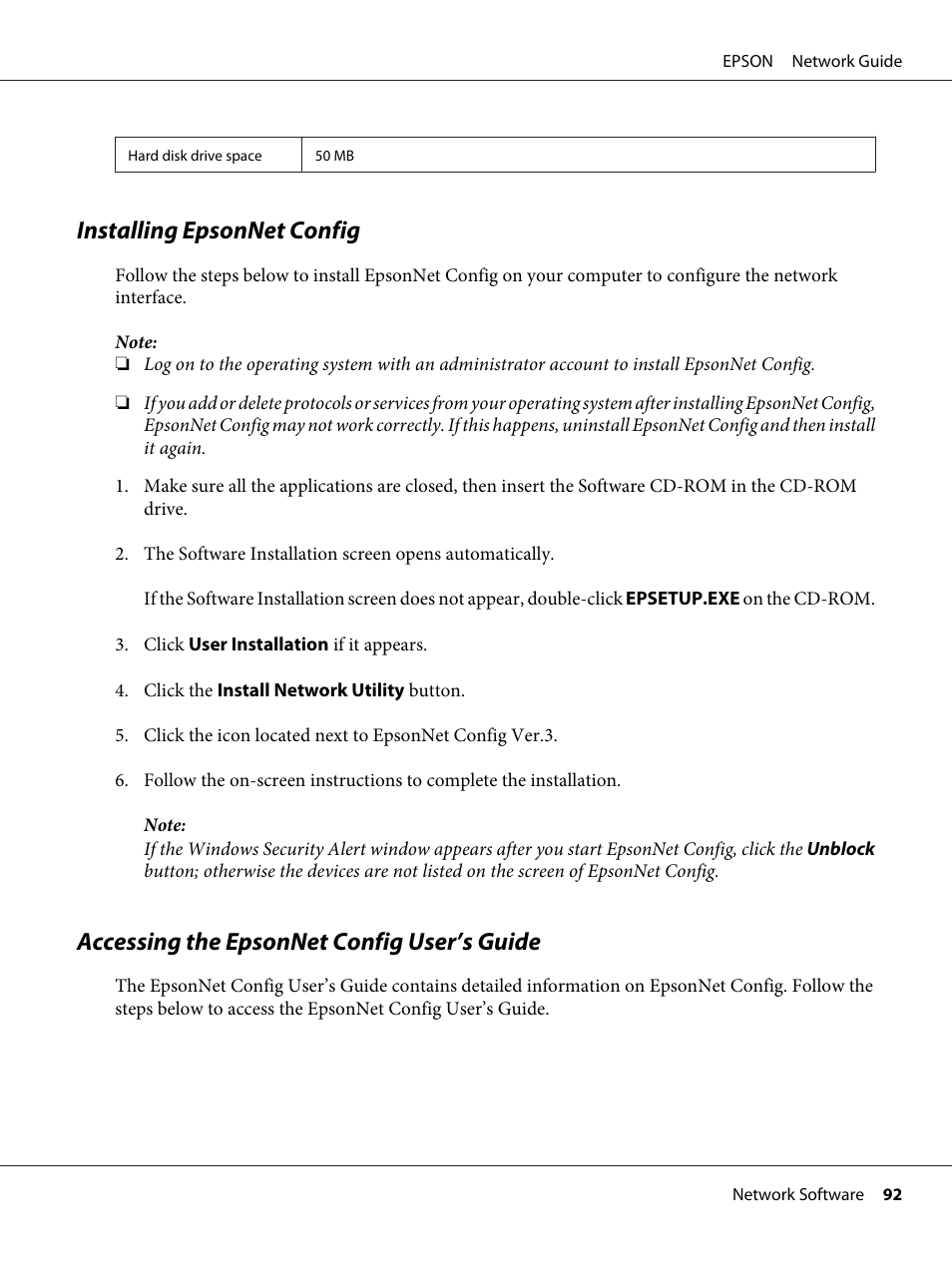 Installing epsonnet config, Accessing the epsonnet config user’s guide | Epson AcuLaser M8000N User Manual | Page 92 / 137
