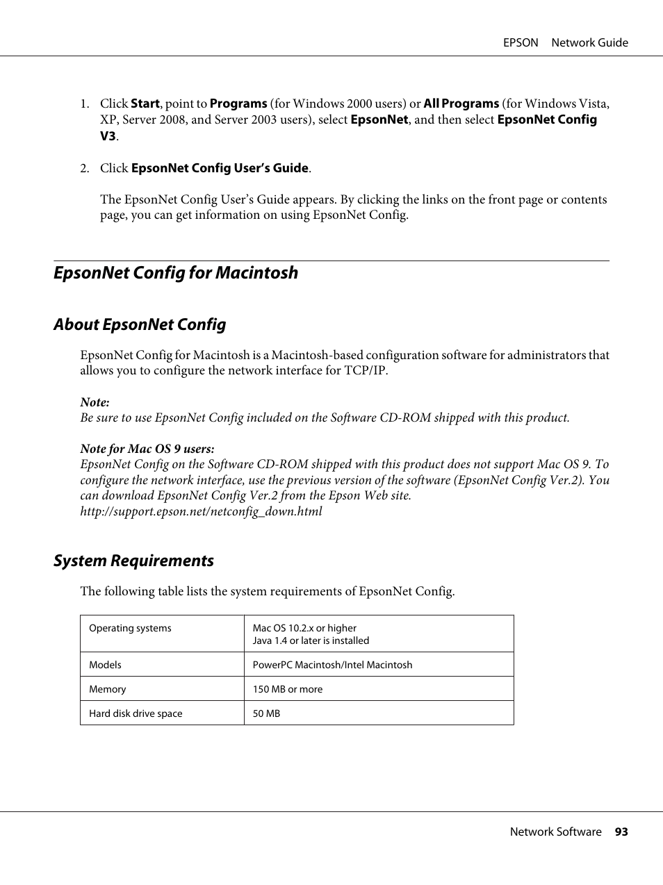 Epsonnet config for macintosh, About epsonnet config, System requirements | About epsonnet config system requirements | Epson AcuLaser M8000N User Manual | Page 93 / 137