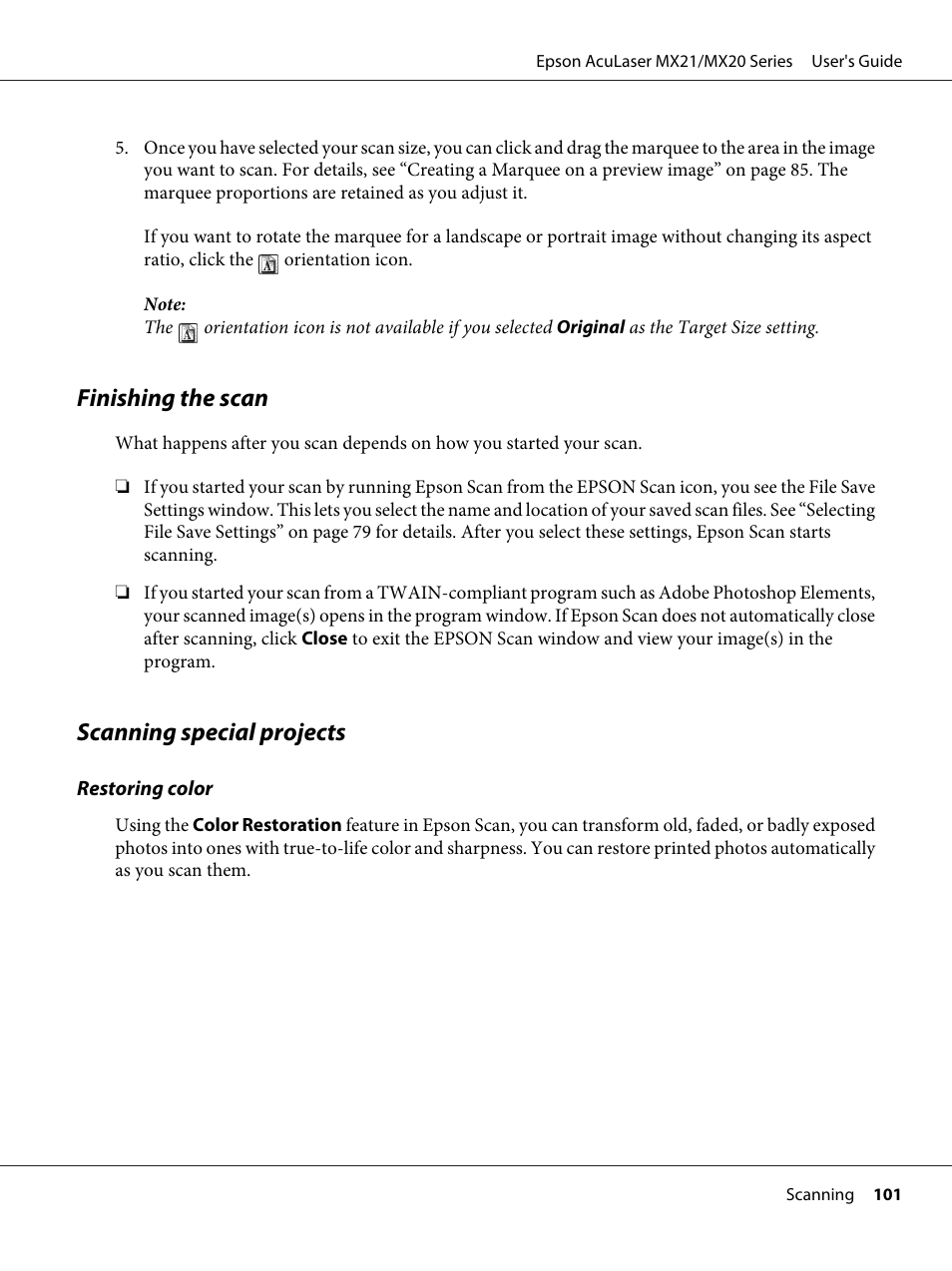 Finishing the scan, Scanning special projects, Finishing the scan scanning special projects | Epson AcuLaser MX20DNF User Manual | Page 101 / 286