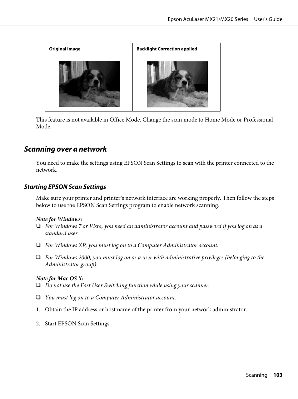 Scanning over a network | Epson AcuLaser MX20DNF User Manual | Page 103 / 286