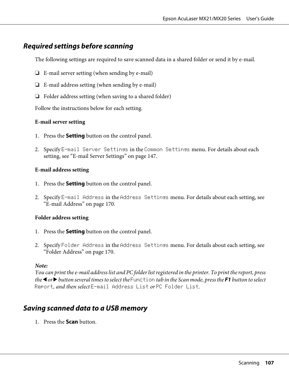 Required settings before scanning, Saving scanned data to a usb memory | Epson AcuLaser MX20DNF User Manual | Page 107 / 286