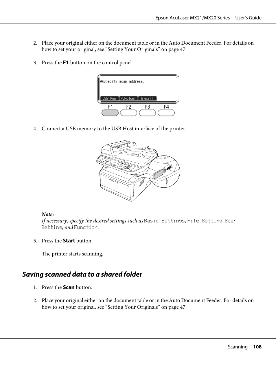 Saving scanned data to a shared folder | Epson AcuLaser MX20DNF User Manual | Page 108 / 286