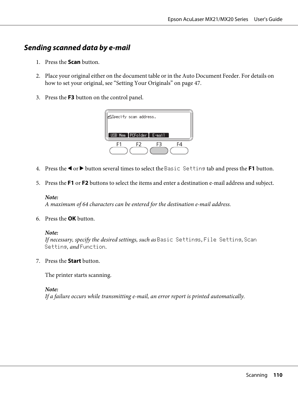 Sending scanned data by e-mail | Epson AcuLaser MX20DNF User Manual | Page 110 / 286