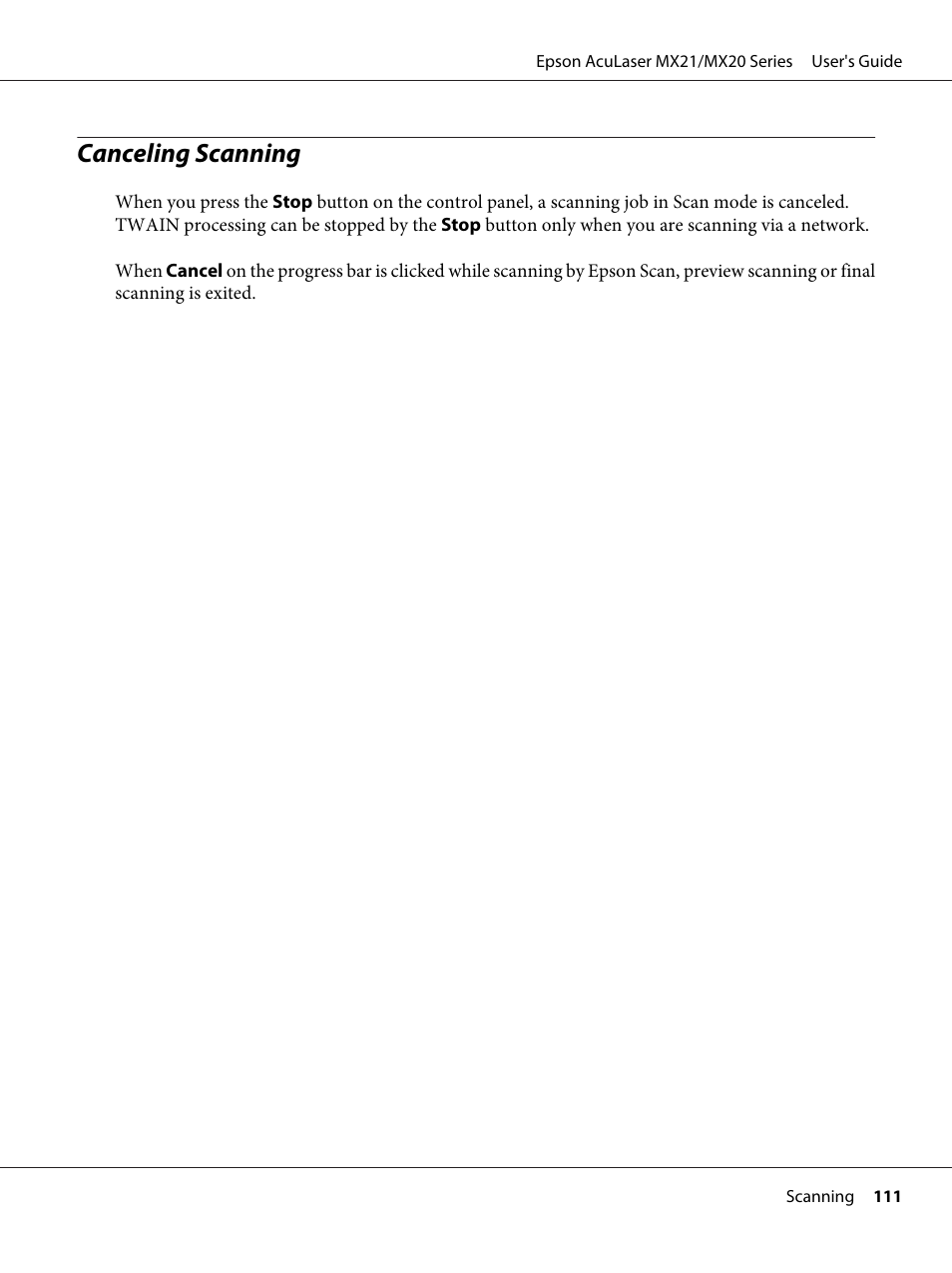 Canceling scanning | Epson AcuLaser MX20DNF User Manual | Page 111 / 286
